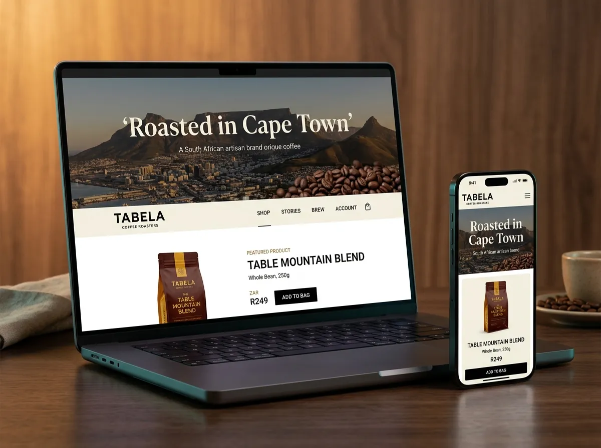 Luxury South African e-commerce website mockup on MacBook Pro and iPhone
