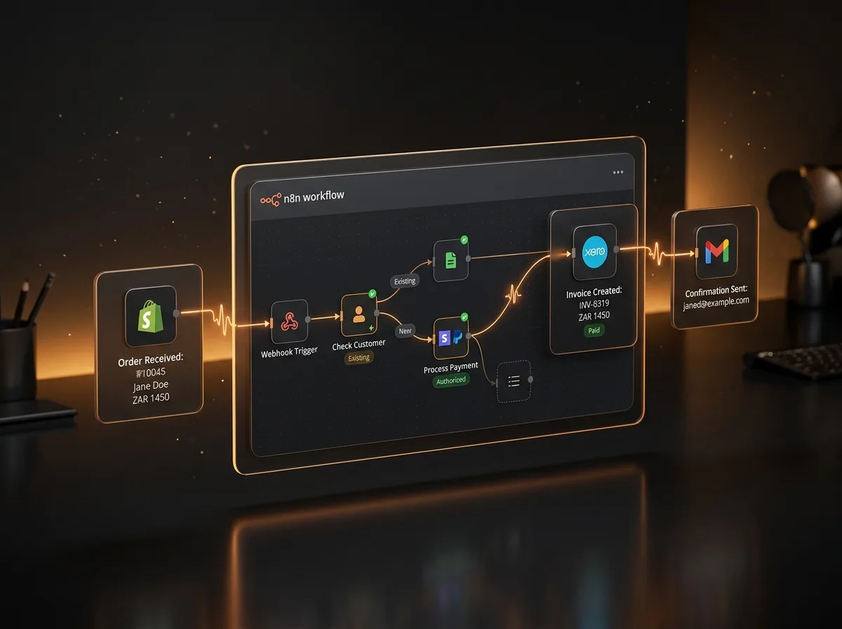 n8n workflow automation connecting Shopify, Xero and Gmail